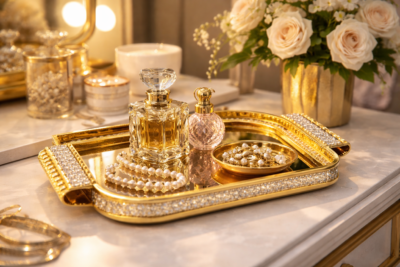 Royal crystal gold serving tray with gold-toned frame