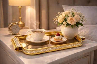 Royal crystal gold serving tray with gold-toned frame