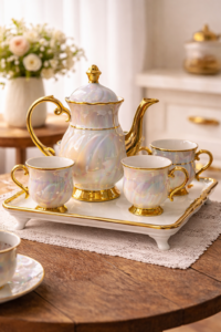 Luxury porcelain teapot set with gold accents and six teacups