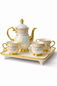 Luxury porcelain teapot set with gold accents and six teacups