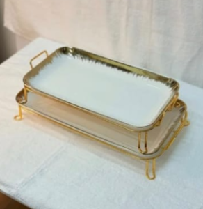 Luxury golden ceramic serving tray with stainless steel stand