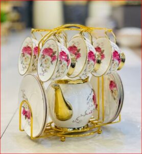 Luxury floral ceramic tea set with gold accents