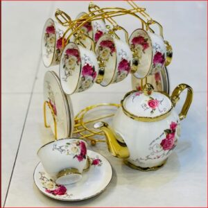 Luxury floral ceramic tea set with gold accents