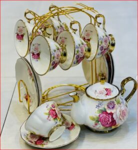 Luxury floral ceramic tea set with gold accents