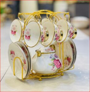 Luxury floral ceramic tea set with gold accents