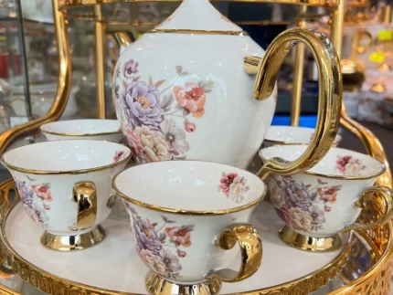 Floral Cups Teapot Rotating Tray