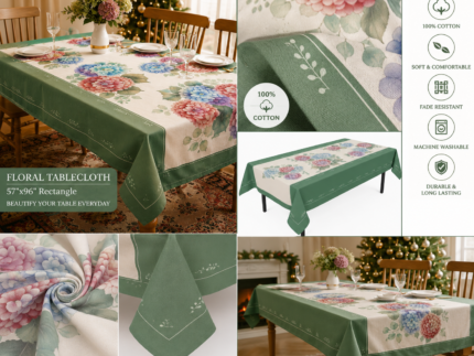 Green Hydrangea Floral Tablecloth 57 x 96 Inch Cotton Rectangular Dining Table Cover Christmas Dinner Décor
