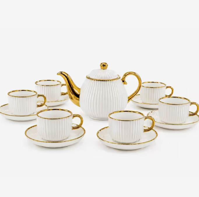 2 White Ribbed Ceramic Tea Set