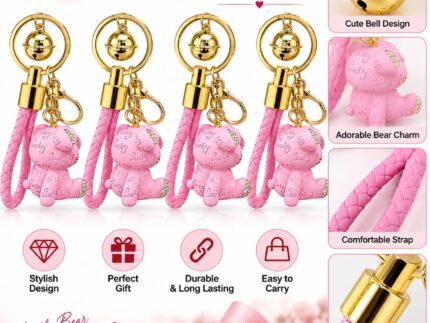 Pack of 4 Pink Teddy Bear Keychains with Rhinestone Wrist Strap, Gold Bell & Cute Bear Charm – Fashion Bag Charm, Purse Pendant & Gift Keyring