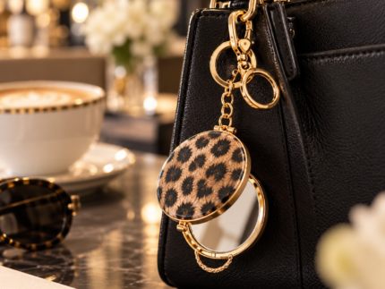 Pack of 4 Leopard Print Compact Mirror Keychains – Double-Sided 1x & 2x Magnifying Pocket Mirror with Gold Key Ring & Bag Charm