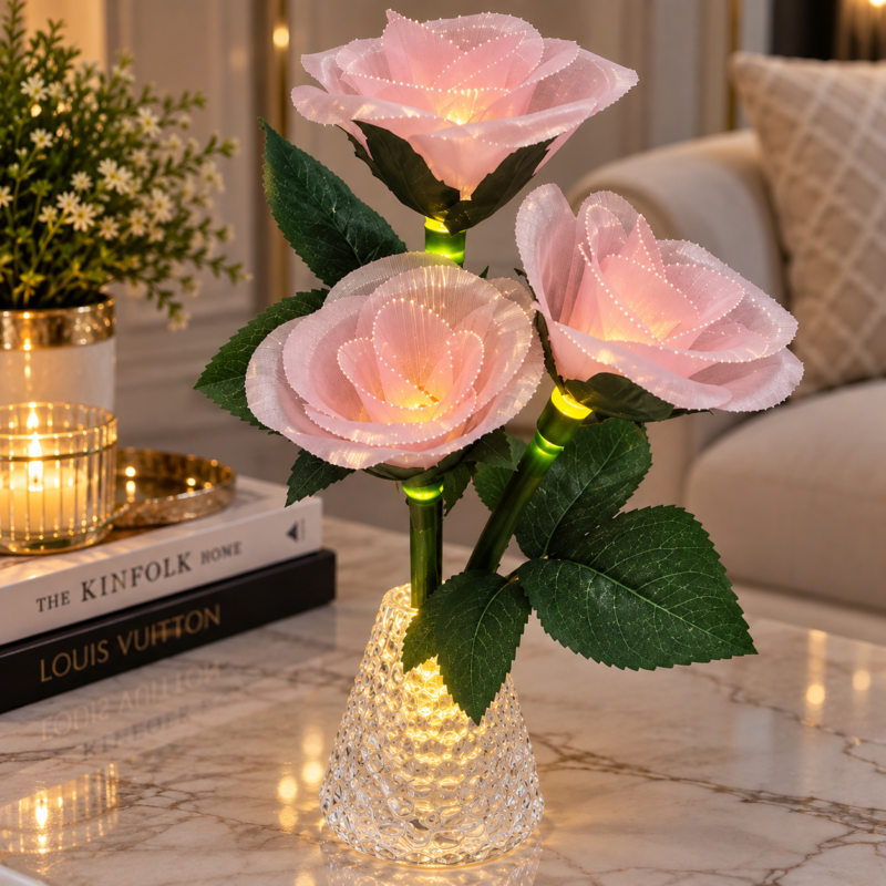 Pink LED Rose Flower Vase Lights - Pack of 4 Pink LED Rose Flower Vase Lights – Artificial 3-Rose Bouquet with Warm Lights & Crystal-Style Vase, Decorative Table Centrepiece (view 2)