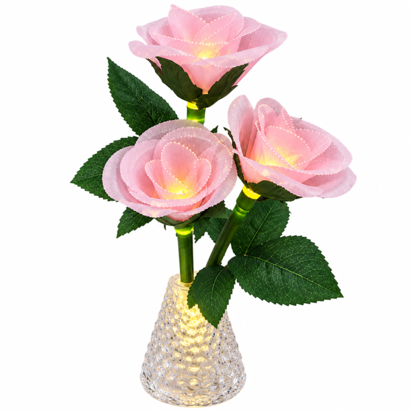 Pink LED Rose Flower Vase Lights - Pack of 4 Pink LED Rose Flower Vase Lights – Artificial 3-Rose Bouquet with Warm Lights & Crystal-Style Vase, Decorative Table Centrepiece (view 3)