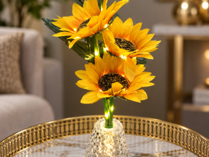 Pack of 4 Yellow Sunflower LED Flower Vase Lights – Artificial Sunflower Bouquet with Warm Fairy Lights & Crystal-Style Vase, Decorative Table Centrepiece
