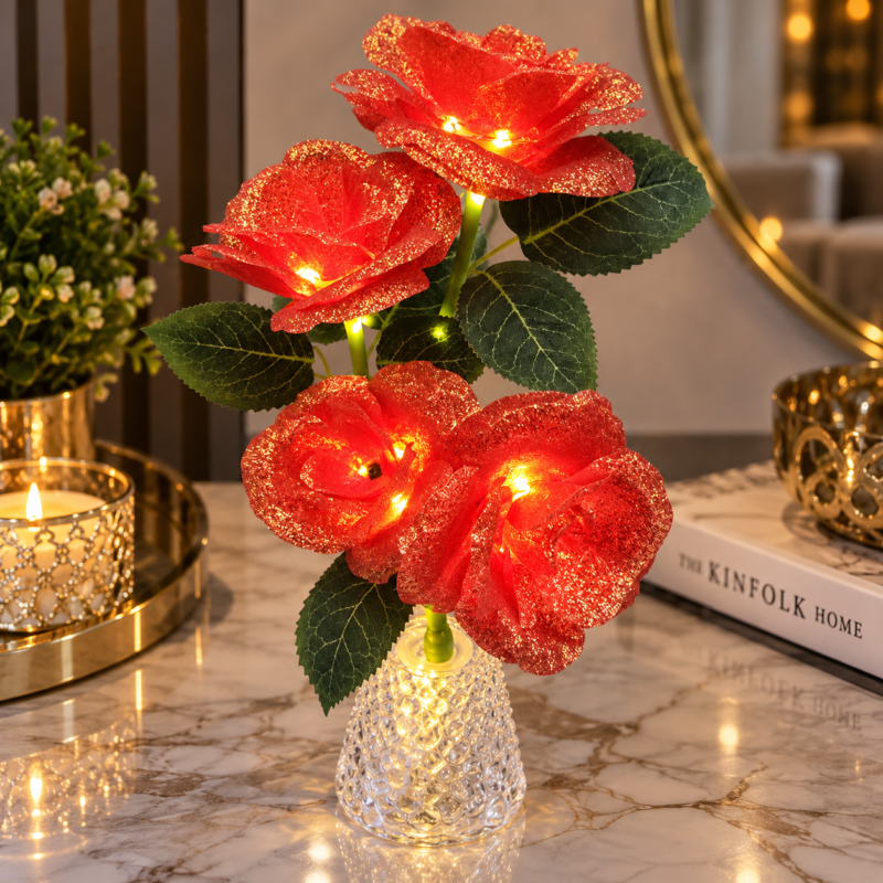 Red LED Rose Flower Vase Lights - Pack of 4 Red LED Rose Flower Vase Lights – Artificial Glitter Rose Bouquet with Warm Lights & Crystal-Style Vase, Decorative Table Centrepiece (view 2)