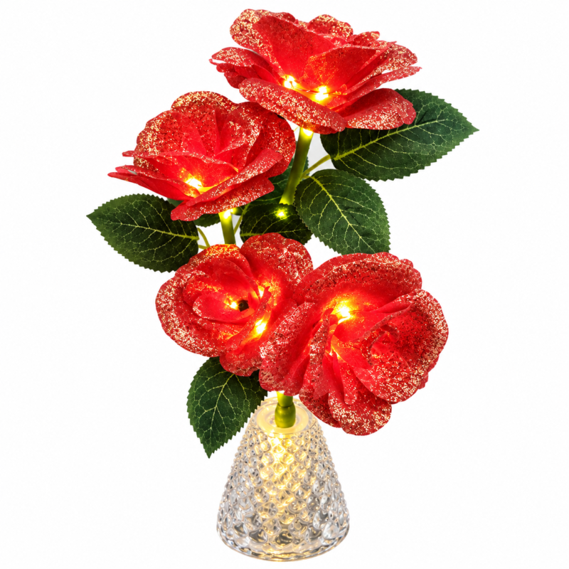 Red LED Rose Flower Vase Lights - Pack of 4 Red LED Rose Flower Vase Lights – Artificial Glitter Rose Bouquet with Warm Lights & Crystal-Style Vase, Decorative Table Centrepiece (view 3)