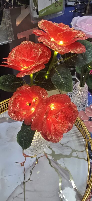 Red LED Rose Flower Vase Lights - Pack of 4 Red LED Rose Flower Vase Lights – Artificial Glitter Rose Bouquet with Warm Lights & Crystal-Style Vase, Decorative Table Centrepiece (view 4)