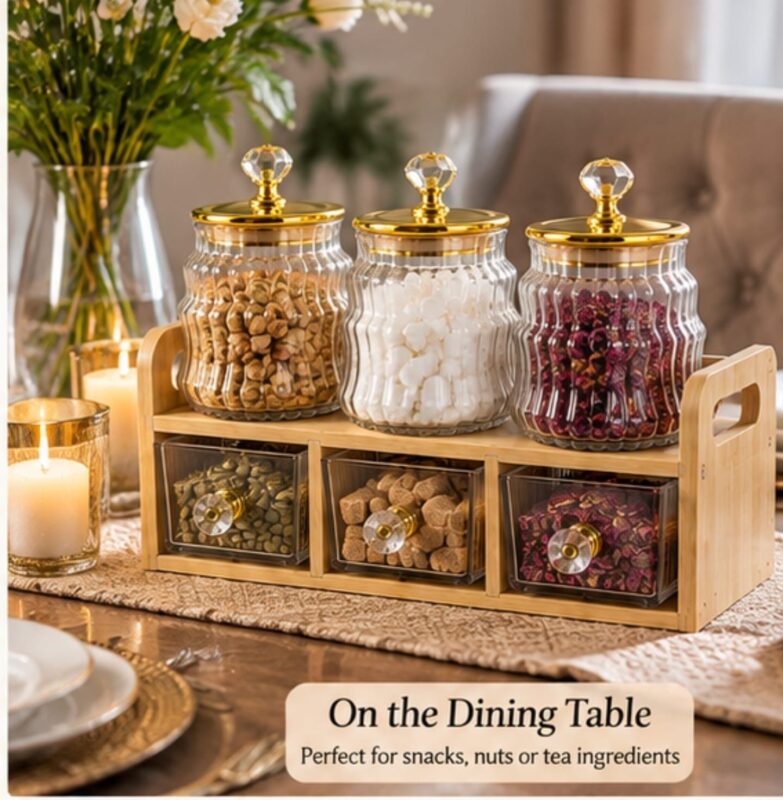 Glass Storage Jars - Luxury Set of 3 Glass Storage Jars with 3 Acrylic Inner Drawers Wooden Tray – Decorative Kitchen Organiser for Snacks, Nuts, Spices, Tea, Coffee, Sugar & Home Storage