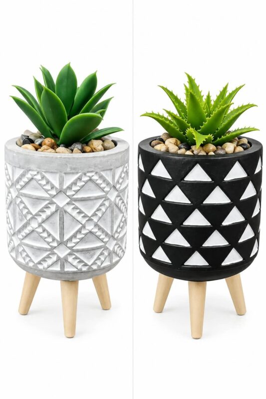 Clay Plant Pots - Luxury Set of 4 clay Plant Pots – 2 Black & 2 Grey Geometric Indoor Planters with Wooden Legs, 8cm Raised Succulent Pots for Home Décor, Cactus & Artificial Plants (view 2)