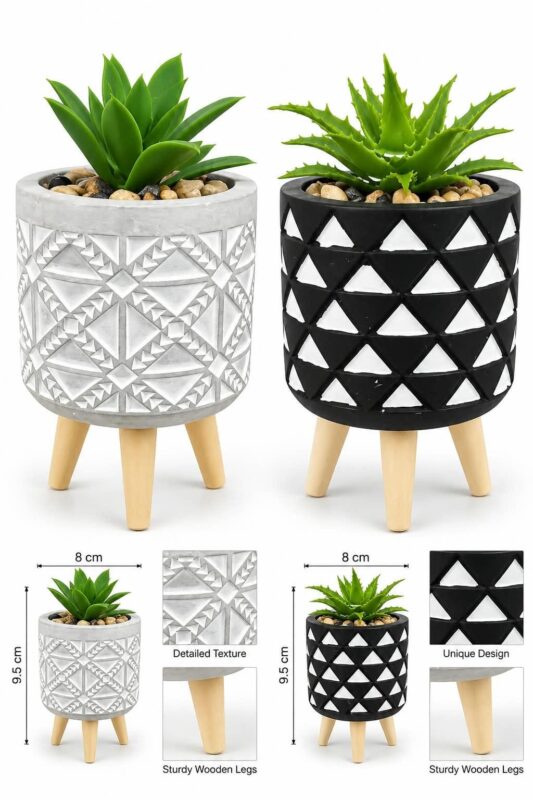 Clay Plant Pots - Luxury Set of 4 clay Plant Pots – 2 Black & 2 Grey Geometric Indoor Planters with Wooden Legs, 8cm Raised Succulent Pots for Home Décor, Cactus & Artificial Plants