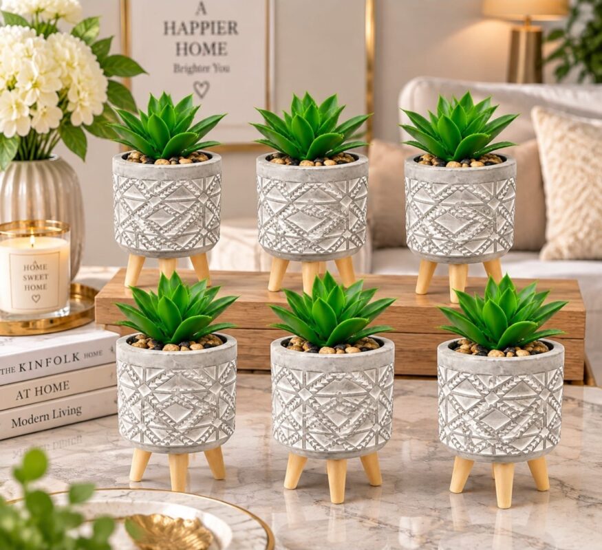 Clay Plant Pots - Luxury Set of 4 clay Plant Pots – 2 Black & 2 Grey Geometric Indoor Planters with Wooden Legs, 8cm Raised Succulent Pots for Home Décor, Cactus & Artificial Plants (view 4)
