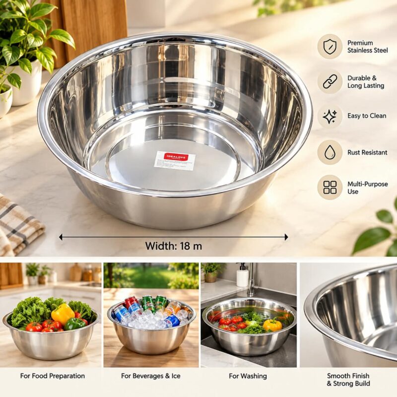 Stainless Steel Kitchen Bowls - Luxury Set of 2 Stainless Steel Mixing Bowls – Large Round Metal Kitchen Bowls for Food Preparation, Washing, Serving, Salad, Ice & Everyday Cooking (view 3)