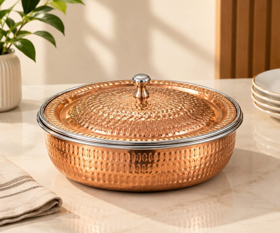 Copper Serving Dishes - Luxury Set of 2 Copper hammered Serving Dishes with Lid – Premium Round Food Storage & Serving Bowls for Curry, Rice, Snacks, Desserts, Dining & Kitchen Use (view 2)