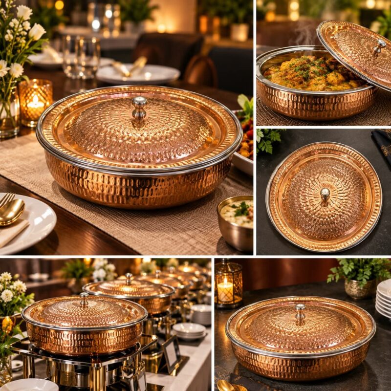 Copper Serving Dishes - Luxury Set of 2 Copper hammered Serving Dishes with Lid – Premium Round Food Storage & Serving Bowls for Curry, Rice, Snacks, Desserts, Dining & Kitchen Use (view 3)