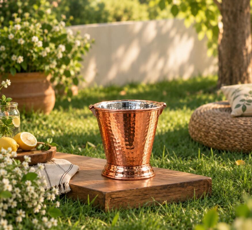 Stainless Steel Serving Buckets - Luxury Set of 4 Stainless Steel Serving Buckets – Luxury Copper Finish Hammered Metal Mini Buckets with Handles for Ice, Drinks, Snacks, Table Décor & Parties