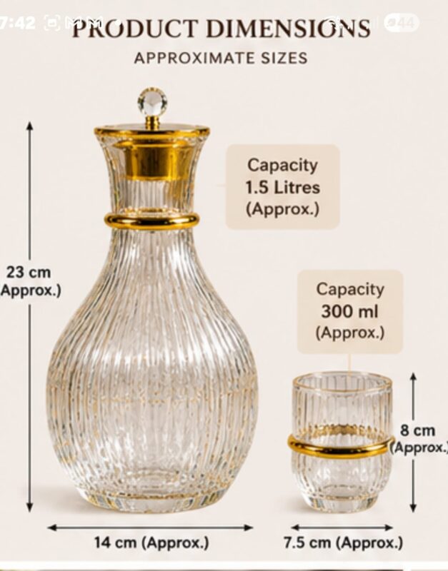 Ribbed Glass Pitcher - Luxury Set of 6 Glasses & Pitcher 1.5L – 300ml Ribbed Glass Tumblers with Gold Detail, Elegant Water Jug & Drinking Glass Set for Dining, Guests & Home (view 3)