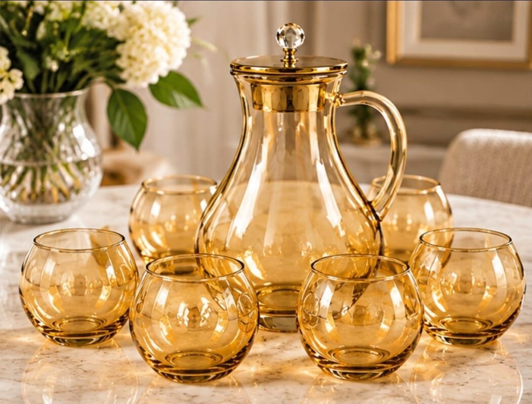 Bubble Glass Pitcher - Luxury 7-Piece Glass Pitcher & 6 Glasses Set – Round Bubble Glass Drinkware with Gold-Tone Detailing, Luxury Water Jug Set for Dining, Guests, Parties & Home (view 3)