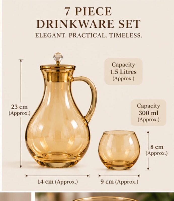 Bubble Glass Pitcher - Luxury 7-Piece Glass Pitcher & 6 Glasses Set – Round Bubble Glass Drinkware with Gold-Tone Detailing, Luxury Water Jug Set for Dining, Guests, Parties & Home (view 2)