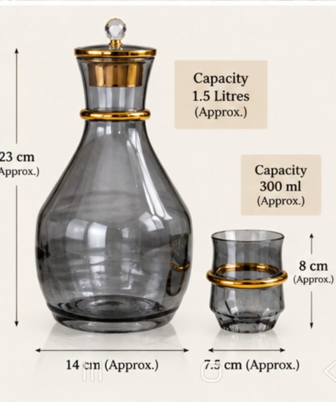 Luxury Glass Pitcher - Luxury Glasses & Pitcher 1.5L Set of 6 – Smoke Grey Glass Drinkware with Gold-Tone Detail, 300ml Round Tumblers, Luxury Water Jug Set for Dining & Guests (view 4)