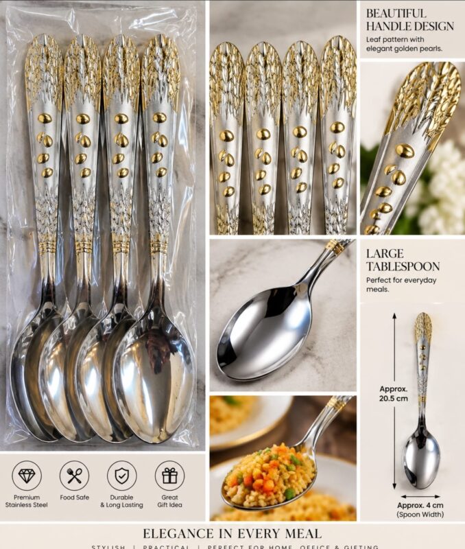 Stainless Steel Table Spoons - Luxury Set of 6 Stainless Steel Table Spoons – Elegant Decorative Textured Handle Cutlery, 13.5cm Silver Dining Spoons for Tea, Coffee, Desserts & Everyday Use