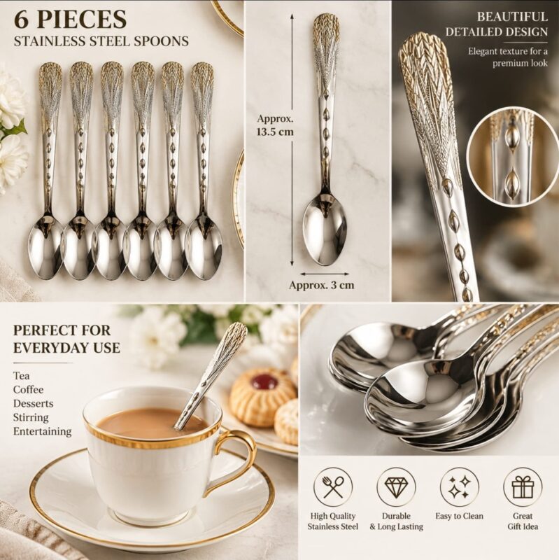Stainless Steel Table Spoons - Luxury Set of 6 Stainless Steel Table Spoons – Elegant Decorative Textured Handle Cutlery, 13.5cm Silver Dining Spoons for Tea, Coffee, Desserts & Everyday Use (view 3)