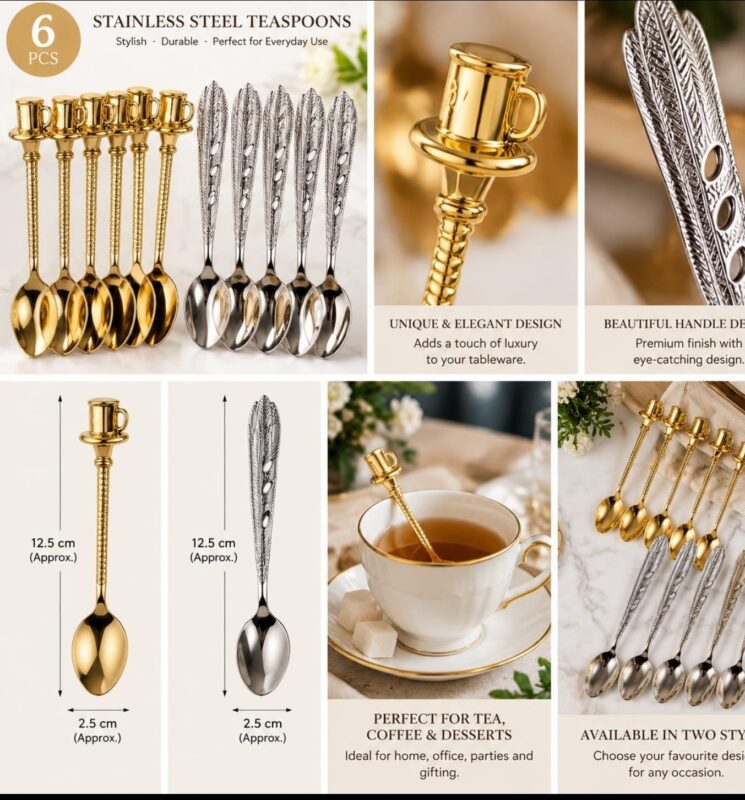Stainless Steel Tea Spoons - Luxury Set of 6 Gold Stainless Steel Tea Spoons – Top Hat Design Decorative Coffee Spoons, 12.5cm Elegant Gold Teaspoons for Tea, Coffee, Desserts & Entertaining (view 2)