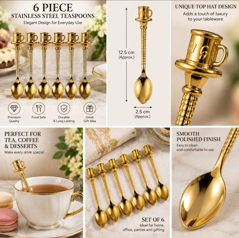 Stainless Steel Tea Spoons - Luxury Set of 6 Gold Stainless Steel Tea Spoons – Top Hat Design Decorative Coffee Spoons, 12.5cm Elegant Gold Teaspoons for Tea, Coffee, Desserts & Entertaining (view 3)
