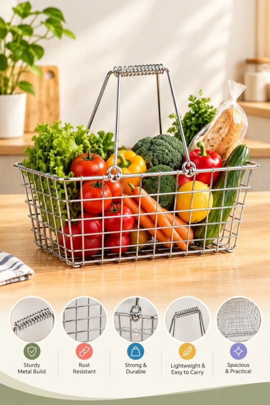 Wire Shopping Baskets - Luxury Set of 2 Stainless Steel Wire Shopping Baskets – Reusable Metal Carry Baskets with Folding Handles, Spacious Grocery, Market & Home Storage Baskets