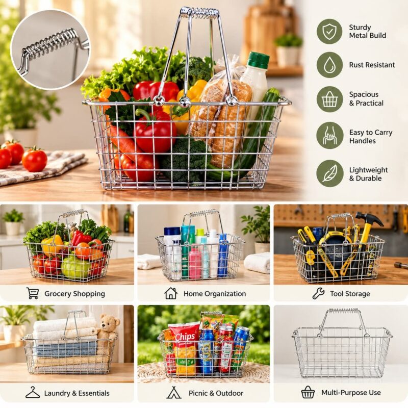 Wire Shopping Baskets - Luxury Set of 2 Stainless Steel Wire Shopping Baskets – Reusable Metal Carry Baskets with Folding Handles, Spacious Grocery, Market & Home Storage Baskets (view 2)