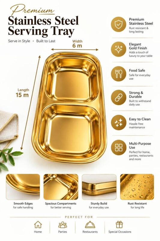 2 Compartment Serving Trays - Luxury Set of 4 Gold Serving Trays – 2-Compartment Stainless Steel Serving Dishes, Elegant Rectangular Food Plates for Snacks, Starters, Desserts & Entertaining (view 2)