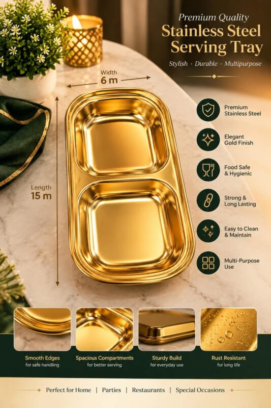 Gold Stainless Steel Serving Trays - Luxury Set of 8 Gold Serving Trays – Two-Compartment Stainless Steel Serving Dishes, Elegant Rectangular Food Plates for Snacks, Starters, Dips, Desserts & Entertaining (view 4)