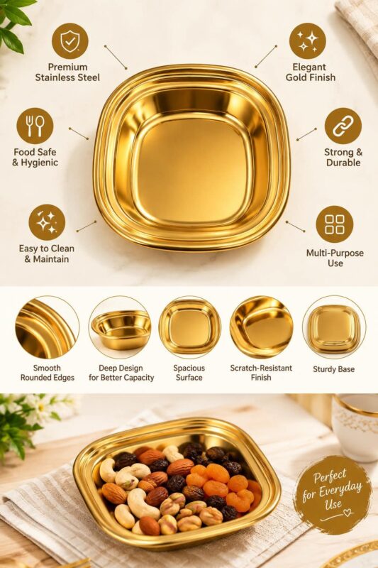 Gold Snack Serving Trays - Luxury Set of 6 Gold Stainless Steel Serving Trays – Rectangular Food Serving Dishes, Elegant Snack Plates for Appetisers, Desserts, Nuts, Starters & Entertaining (view 3)