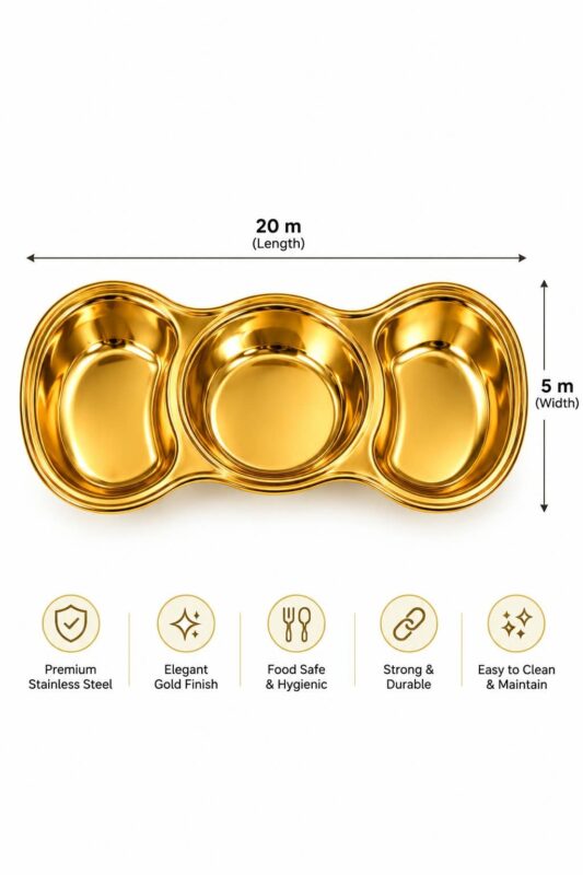 3 Compartment Serving Trays - Luxury Set of 4 Gold Stainless Steel Serving Trays – Luxury 3 Compartment Divided Food Serving Dishes for Snacks, Appetisers, Nuts, Sweets, Dips & Parties (view 2)