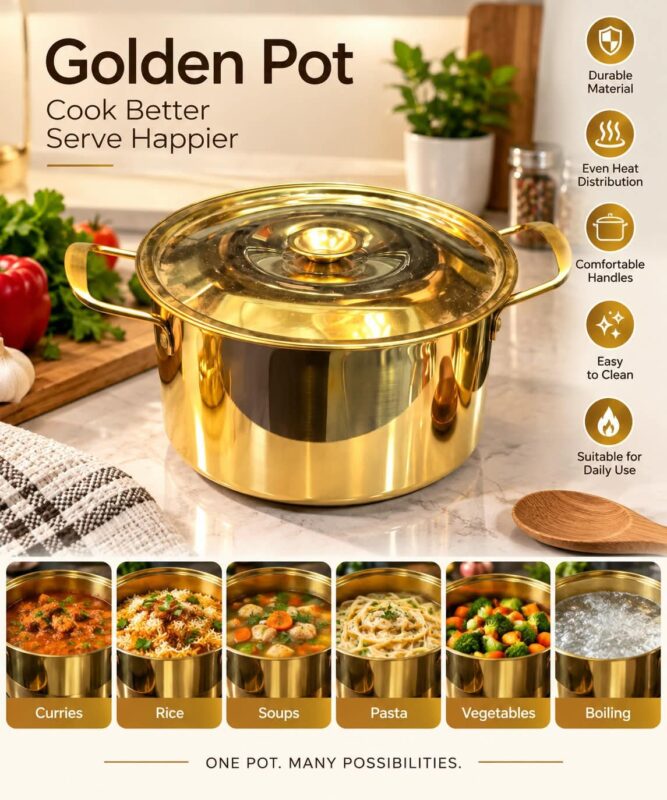 Stainless Steel Cooking Pots - Luxury Set of 2 Gold Stainless Steel Cooking Pots with Lids – Luxury Saucepan Stock Pot Casserole Cooking Pans with Handles for Kitchen, Family Meals & Serving (view 2)