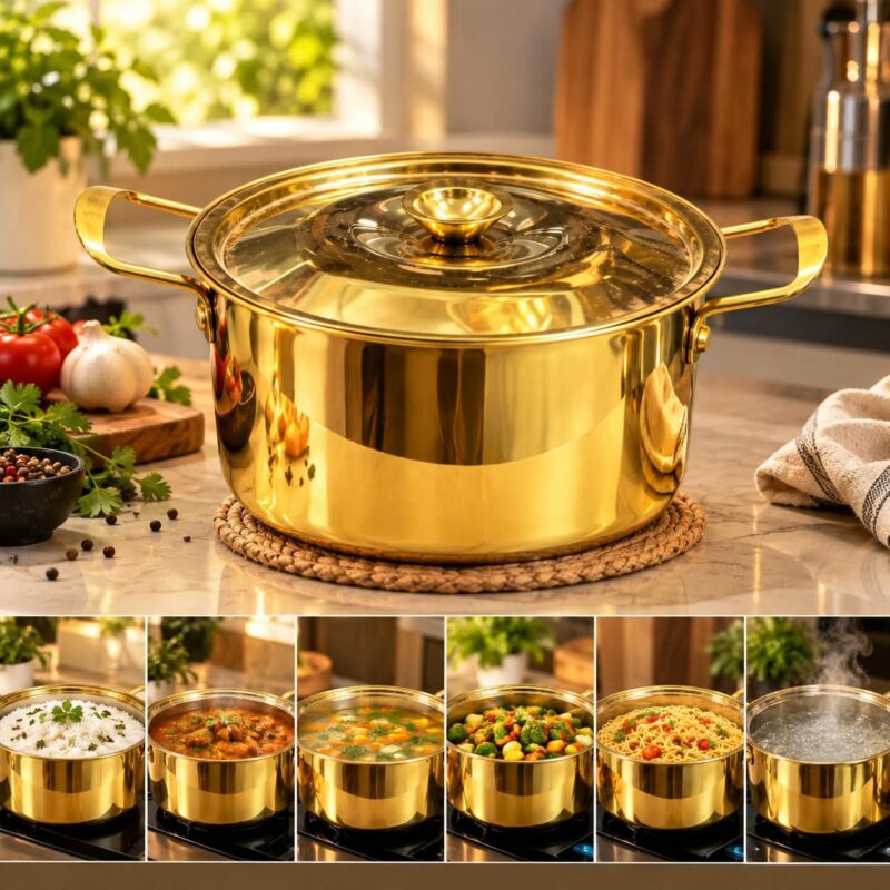 Stainless Steel Cooking Pots - Luxury Set of 2 Gold Stainless Steel Cooking Pots with Lids – Luxury Saucepan Stock Pot Casserole Cooking Pans with Handles for Kitchen, Family Meals & Serving (view 4)