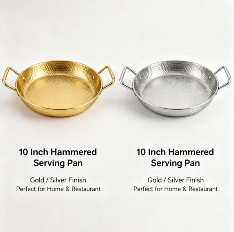 Heavy Hammered Karahi - Luxury 2-Piece Golden Heavy Hammered Karahi Set 10 Inch – Luxury Stainless Steel Cooking & Serving Pan with Handles for Curry, Biryani, Tawa & Family Meals