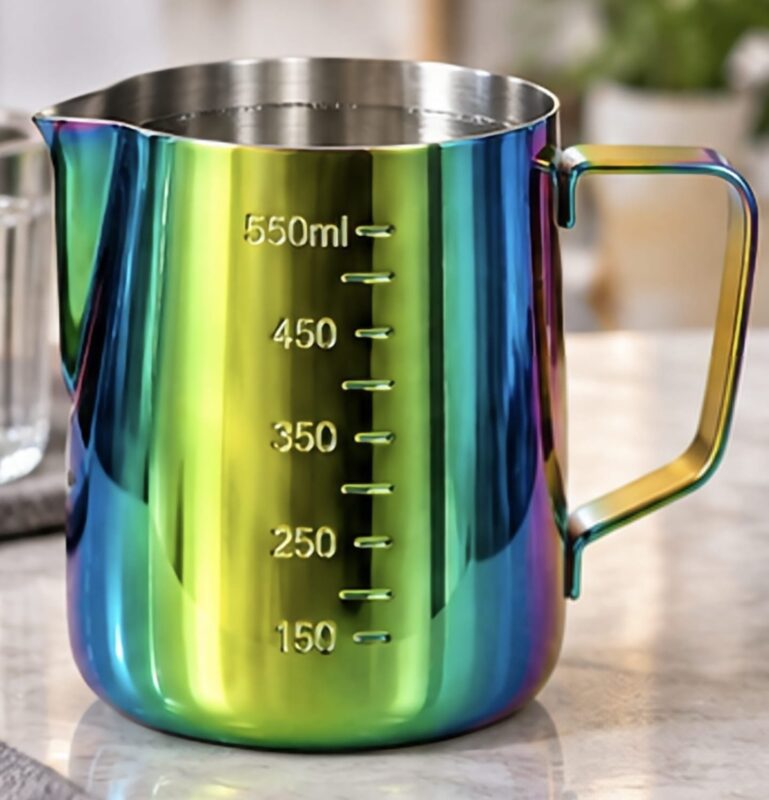 Stainless Steel Measuring Jug - Luxury 1-Piece Rainbow Stainless Steel Measuring Jug 550ml – Metal Milk Frothing Pitcher with Measurement Marks, Handle & Pouring Spout (view 3)