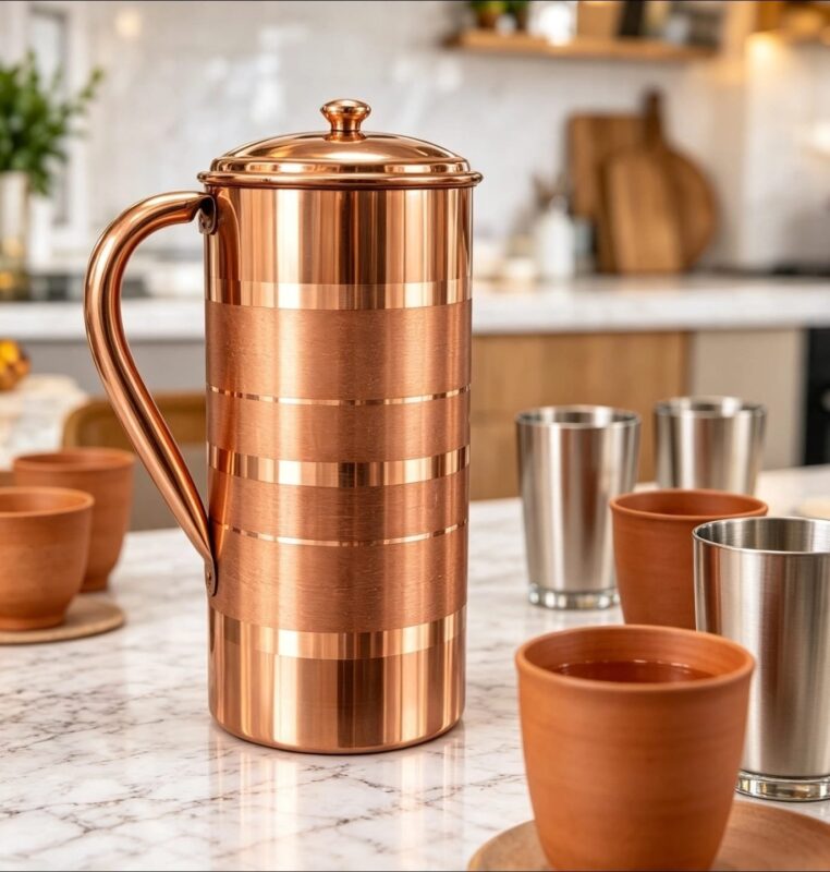 Copper Water Jug - Luxury 1-Piece Copper Jug with Lid & Handle – Traditional Metal Water Pitcher for Home, Kitchen, Dining & Serving