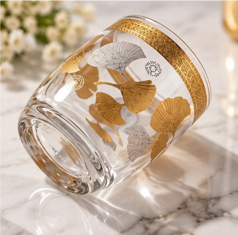 Glass Drinking Tumblers - Luxury Set of 6 Glass Drinking Tumblers with Gold & Silver Ginkgo Leaf Design – Decorative Glasses for Water, Juice, Soft Drinks, Mocktails & Entertaining
