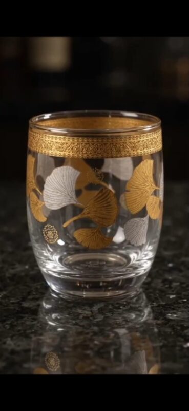 Glass Drinking Tumblers - Luxury Set of 6 Glass Drinking Tumblers with Gold & Silver Ginkgo Leaf Design – Decorative Glasses for Water, Juice, Soft Drinks, Mocktails & Entertaining (view 3)