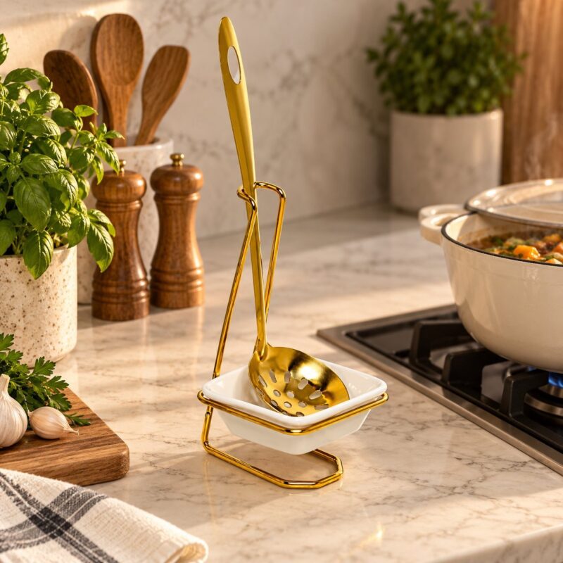 Ceramic Spoon Holder - Luxury Ceramic Spoon Holder with Stainless Steel Slotted Serving Spoon – 1-Piece Gold Utensil Rest & Kitchen Countertop Organiser (view 2)